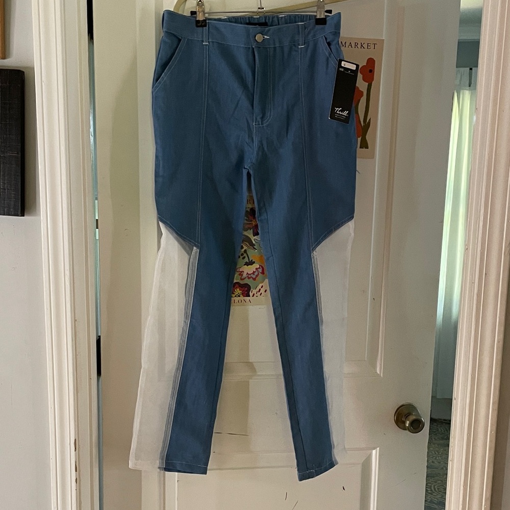 Thrill Denim Blue Pants with Sheer White Panels